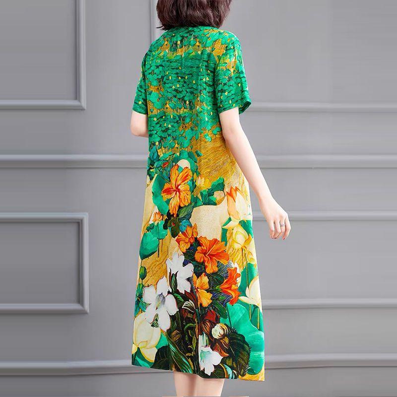 Elegant V-Neck Floral Printed Dresses Vintage Folk Summer Stylish Button Folds Women's Clothing Casual Short Sleeve Midi Dress