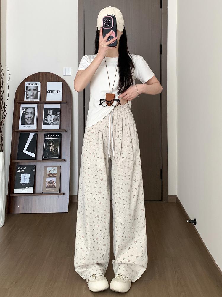 Korean Floral Wide-Leg High-Waist Drawstring Pants for Women - Spring/Summer
