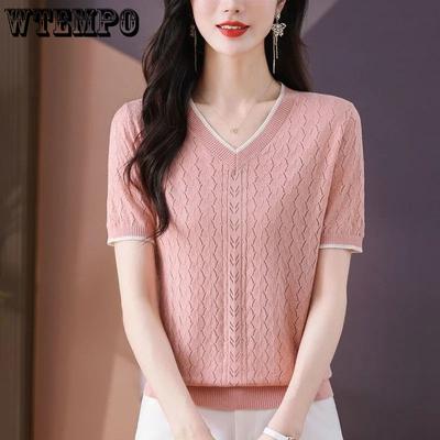 Summer V-neck Short Sleeve T-shirt for Women Middle Aged Mom Knitted T-shirt Hollow Out Top