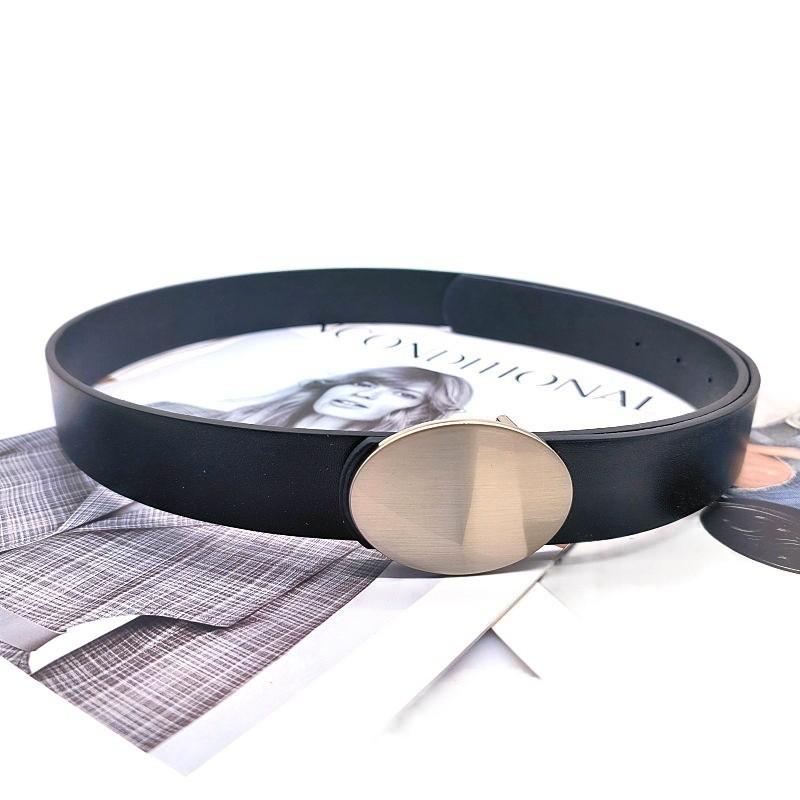 Modern Womens Pu Casual Belt With Decorative Oval Metal Mirror Buckle For Fashion Style Forward