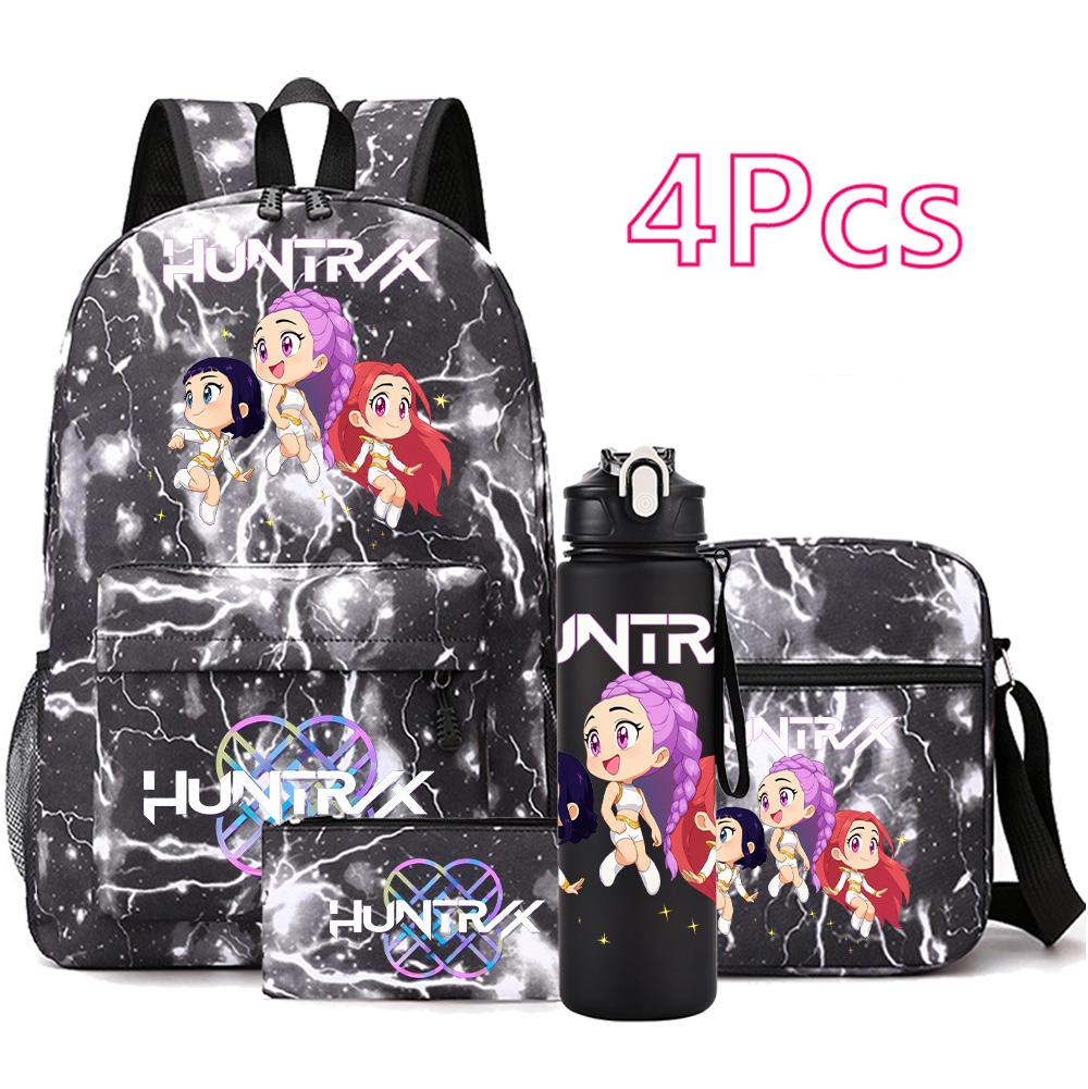 4Pcs/set Anime K-Pop Demon Hunters Printed Backpack Bookbag Shoulder Bag Case Bag with 750Ml Water Bottler for Boy Girl Large Capacity Schoolbag