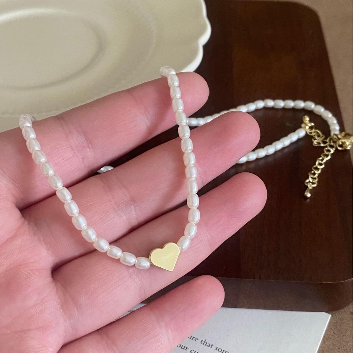 French Gold Heart Pearl Necklace - Elegant Choker, Sweet and Versatile Clavicle Chain Design