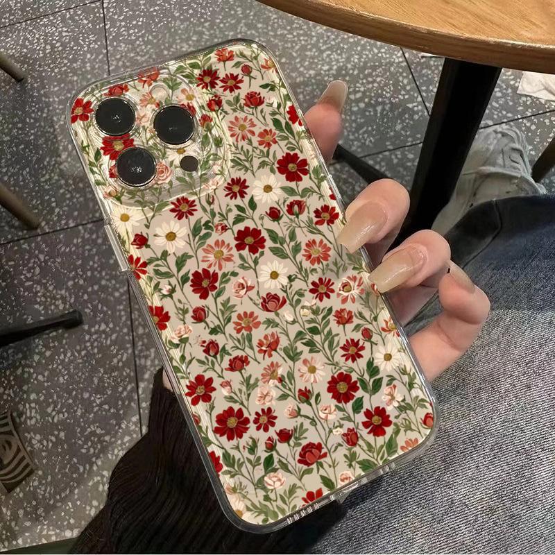 Clear Minimalism Red Flower Pattern Phone Case For IPhone 17e 16 17 16e 15 14 13 12 11 Pro Max Plus Soft Flexible Durable Cover