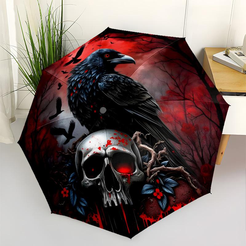 Gothic Raven Skull Outdoor Automatic Umbrella Sturdy 8-Rib Shaft Sturdy Construction Perfect for Outdoor Adventures Vibrant Pattern Umbrella
