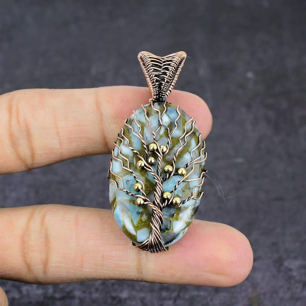 Natural Copper Larimar Handmade Copper Wire Wrap Tree Of Life Pendant 2.17" n0m20