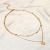 18K Gold Plated Double Layer Pendant Necklace Stainless Steel Bead Chain Disc Pendant Neck Chain Versatile Necklace