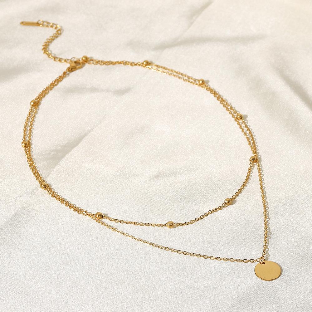 18K Gold Plated Double Layer Pendant Necklace Stainless Steel Bead Chain Disc Pendant Neck Chain Versatile Necklace