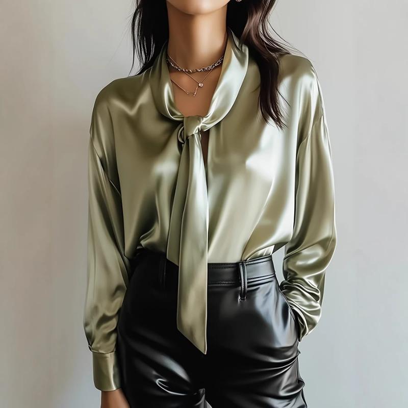 Spring New Style Fashionable and Elegant Solid Color Lace-up Satin High-end Long-sleeved Shirt for Women