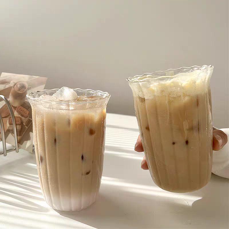 Coffee Shop Niche Retro Vertical Pattern Transparent Glass Water Cup Iced Latte Coffee Cup High Borosilicate Glass Single Layer Cup