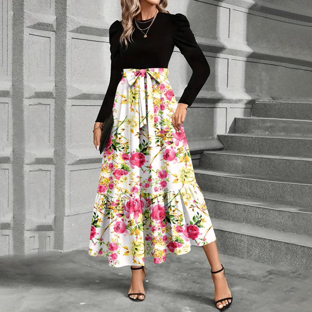 Women's Floral Print High Waist Fashionable And Elegant Dress