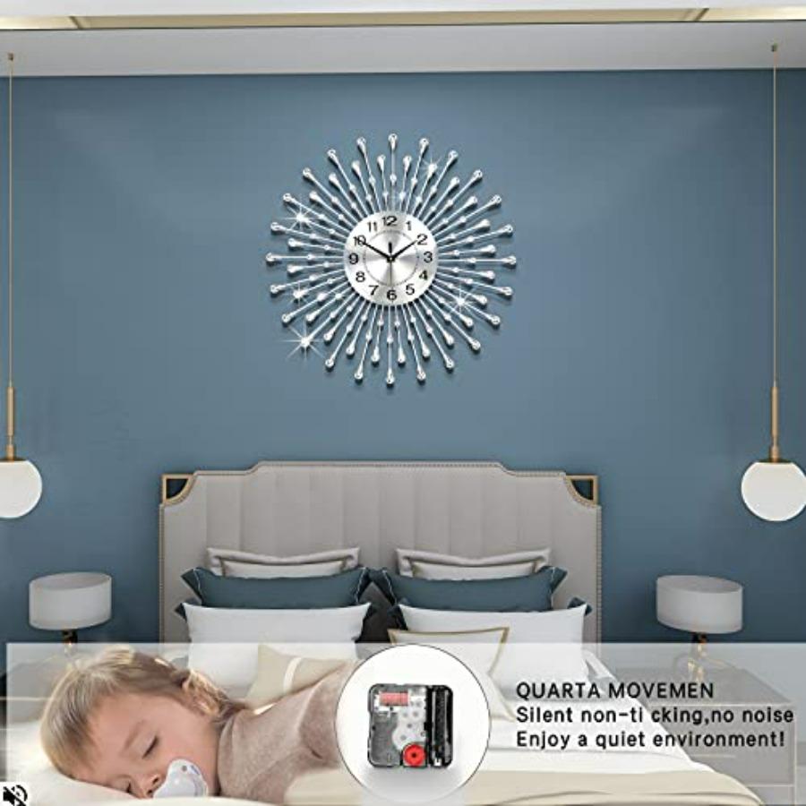 Horloge Murale Ronde en Métal Argenté Moderne de 24 Pouces pour Salon Chambre Bureau Cuisine Décoration de Maison Fonctionne à Piles Quartz Silencieux