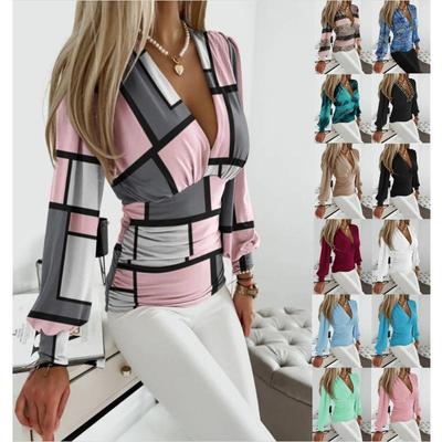 Frühling Herbst Langarm Bluse Mode Damenbekleidung Modisches V-Ausschnitt Bedrucktes Damenhemd