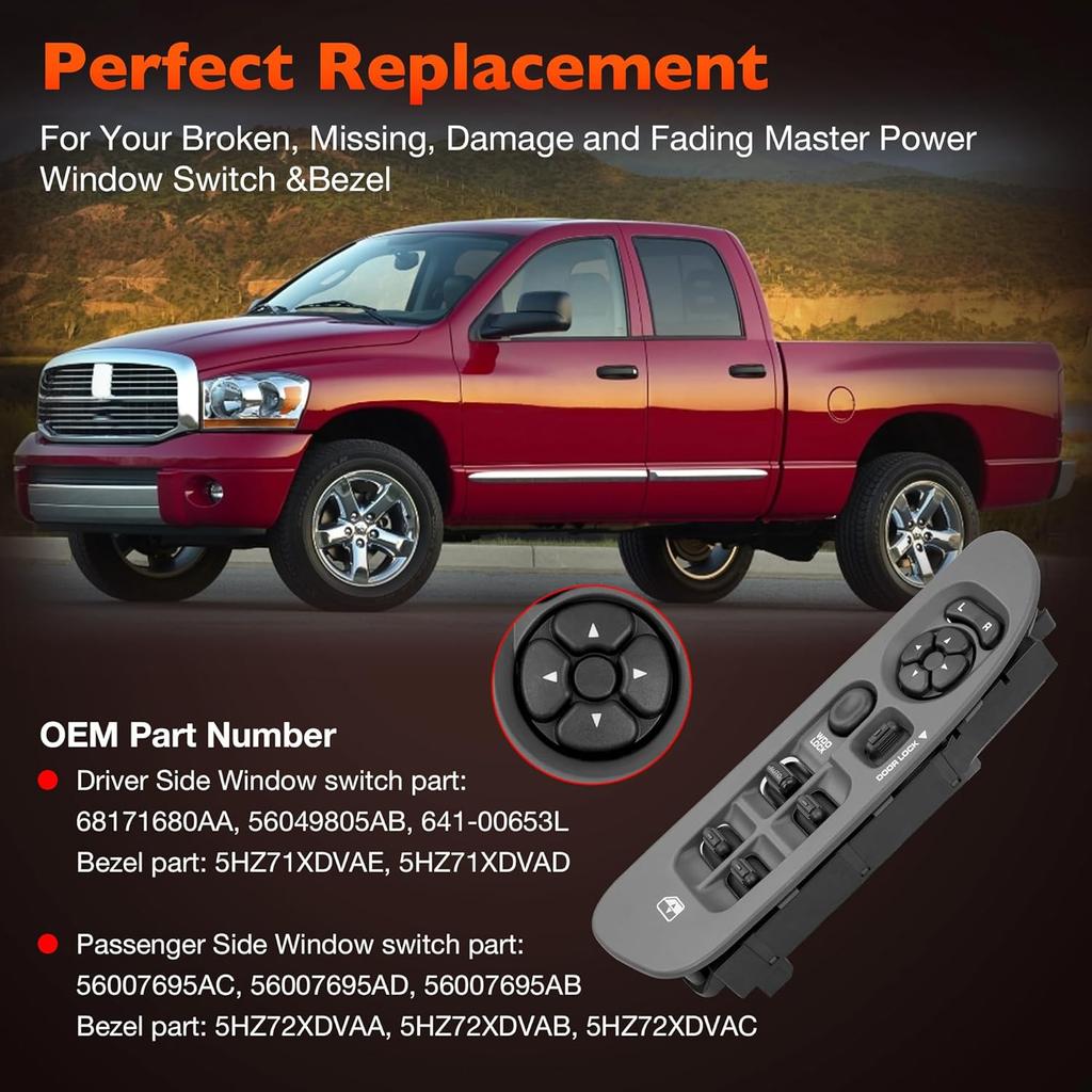 56049805AB Master Power Window Switch And Bezel(Driver & Passenger Side) Compatible With 2002-2009 Dodge Ram1500 2500 3500,2001-2004 Dodge