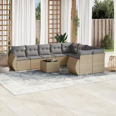 Vidaxl 10-Cz. Garden Furniture Set With Cushions, Beige, Poly Rattan