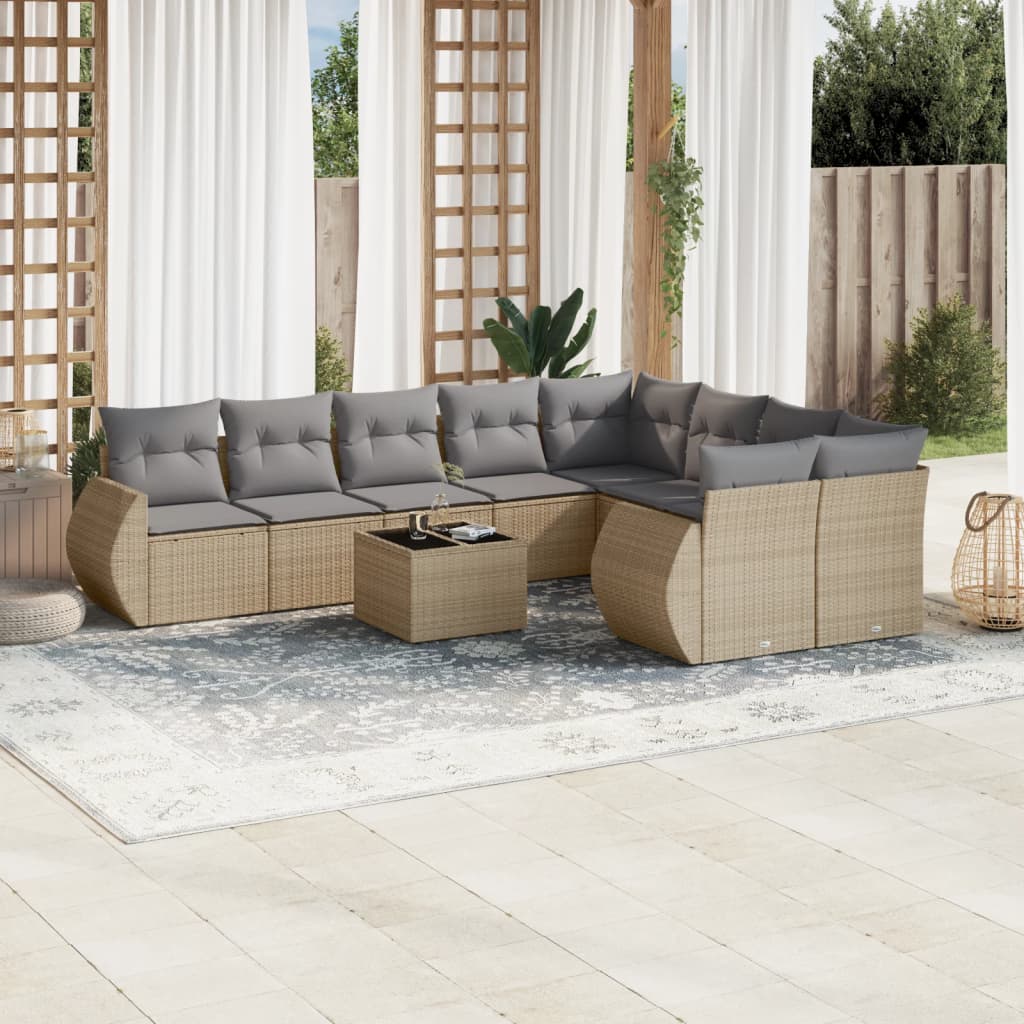 Vidaxl 10-Cz. Garden Furniture Set With Cushions, Beige, Poly Rattan