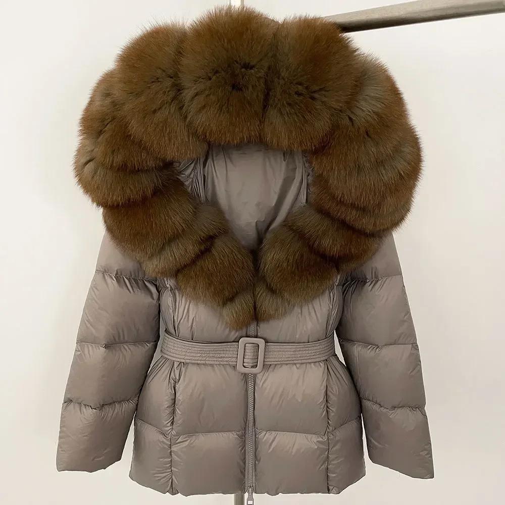 OFTBUY 2024 Jachetă albă din puf de rață, groasă, caldă, 90%, jachetă de iarnă pentru femei, cu guler de blană de raton naturală, cu glugă, casual