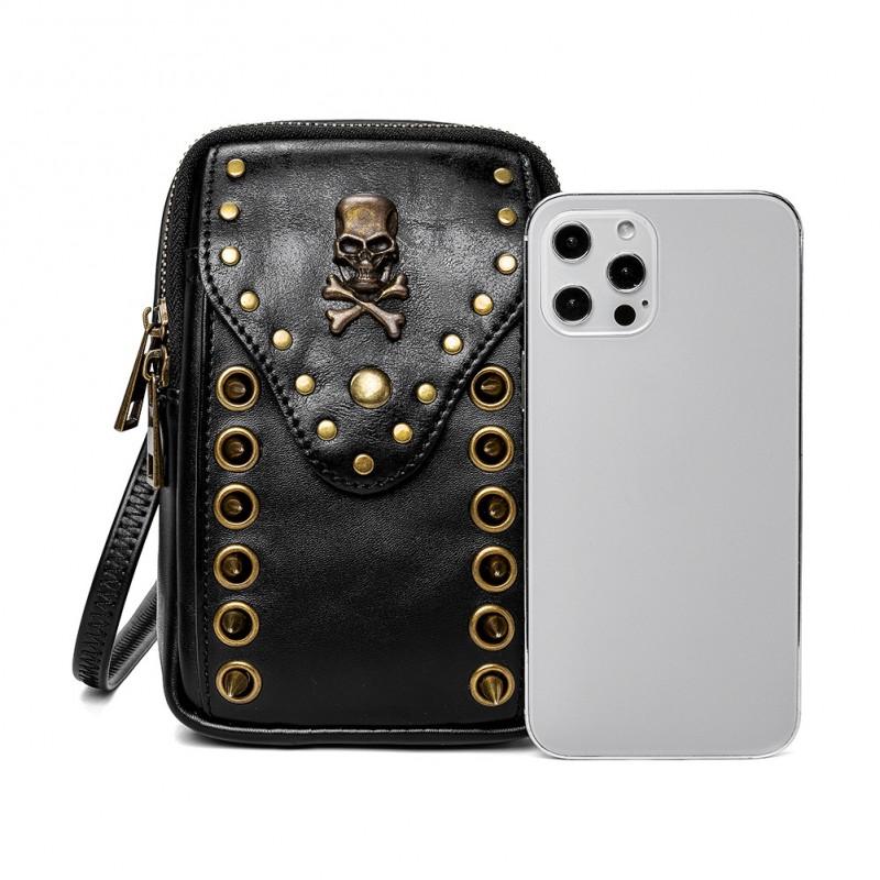 Womens Small Square Shoulder Bag With Skull Studs Outdoor Phone Pouch Black PU Leather