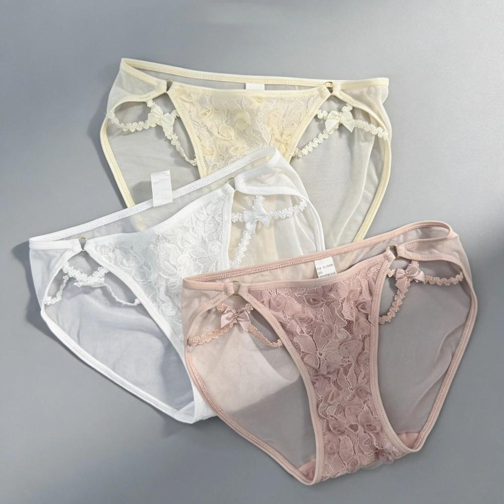 Fashion Low Waist Lace Briefs Hollow Transparent Women Underwear Cotton Crotch Mesh Bow Lace Panties Girl