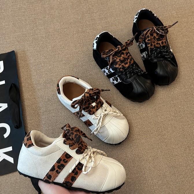 heightened leopard print lace-up women's German training shoes autumn and winter fashion retro niche board shoes design sense casual sports shoes