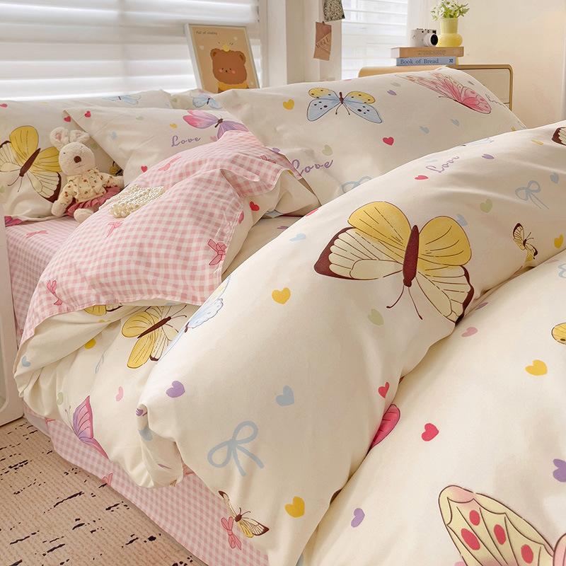 Class A Maternal And Infant Grade Small Fresh Pure Abraded Four-Piece Set Skin-Friendly Bed Sheet Washed Cotton Quilt Cover Student Dormitory 3Pcs Set