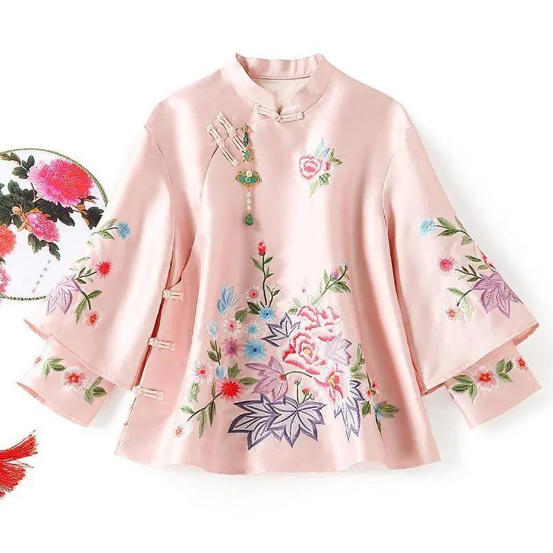 Damen Locker Elegant Herbst Ethno Stil Tang Anzug Stickerei Vintage Chinesische Oberteile