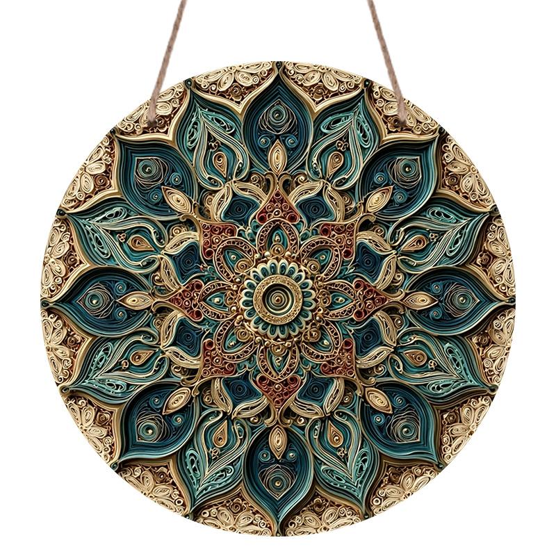 2D Flach, 1 Stück Runde Aluminium-Mandala-Dekorplatte, Aufwendige Ranken-Blumen-Ethnische Mandala-Kunst, Türkranz-Mittelstück, Ideal für Weihnachten, Diwali