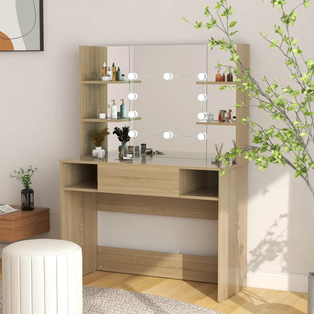Makeup Table with LED Lighting 100 x 40 x 135 cm MDF with Oak Finish