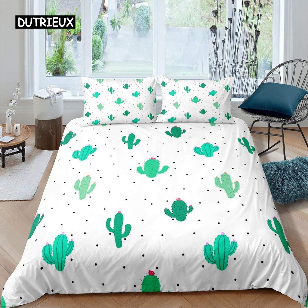 Cactus Duvet Cover Set King Size Hand Painted Style Bedding Set Nature Art Prints Comforter Cover Green Plant Cactus Quilt Cover