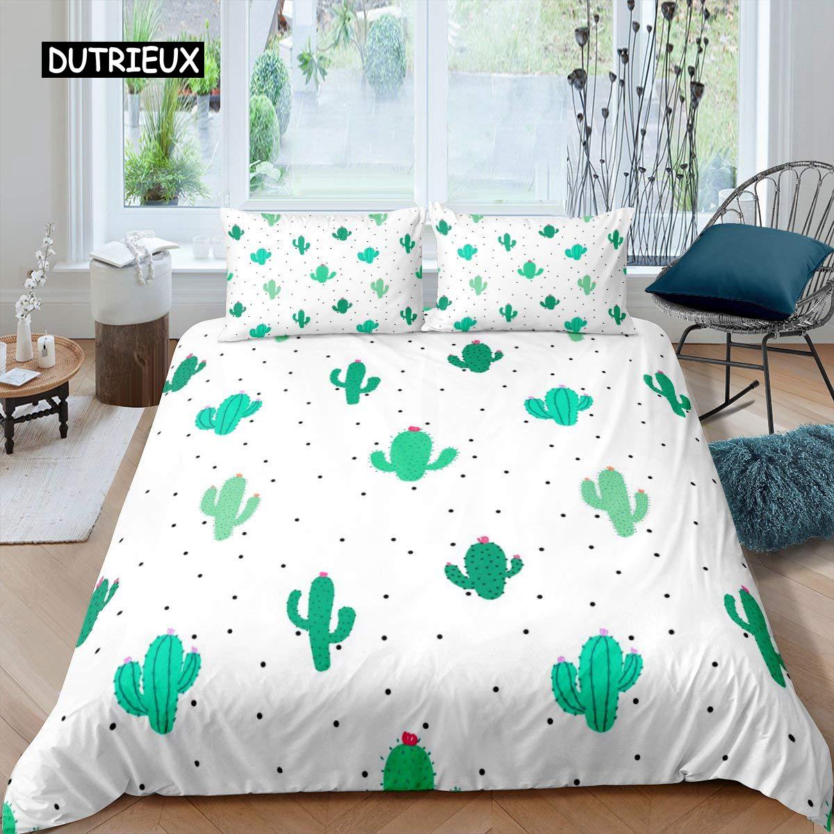 Cactus Dekbedovertrek Set King Size Handgeschilderde Stijl Beddengoed Set Natuur Kunst Prints Dekbedovertrek Groene Plant Cactus Quilt Overtrek 150x200cm 3pcs
