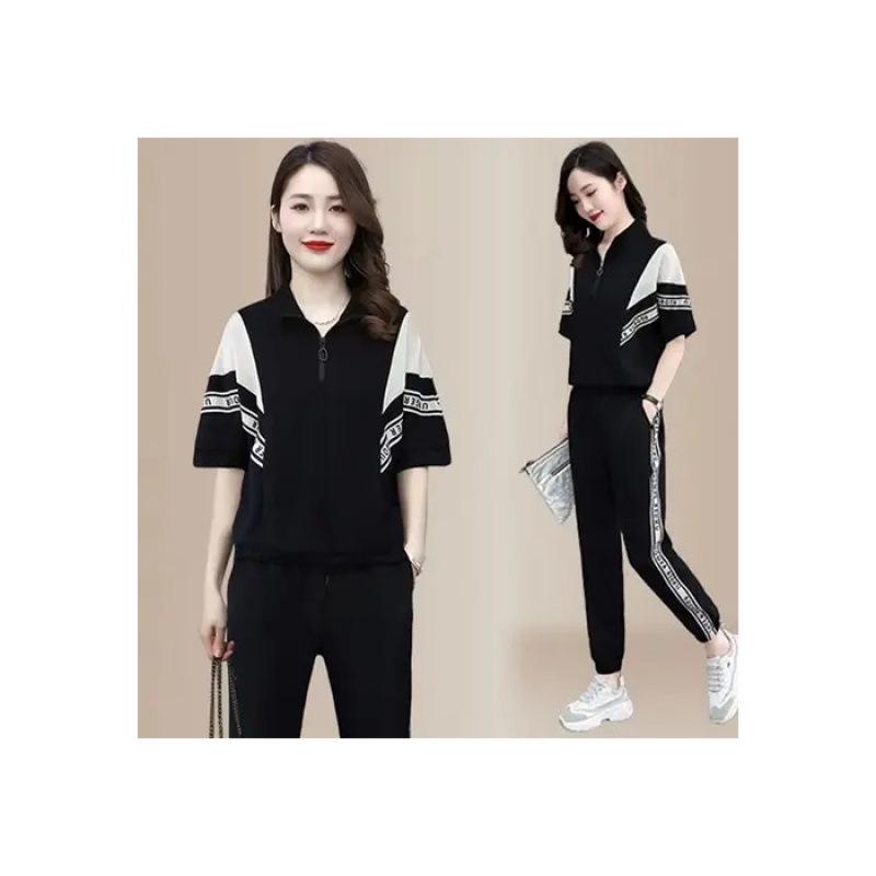 2025 Women's Stylish Two-Piece Summer Set: Short-Sleeved, Loose Stand-Up Collar, Slimming Casual Outfit