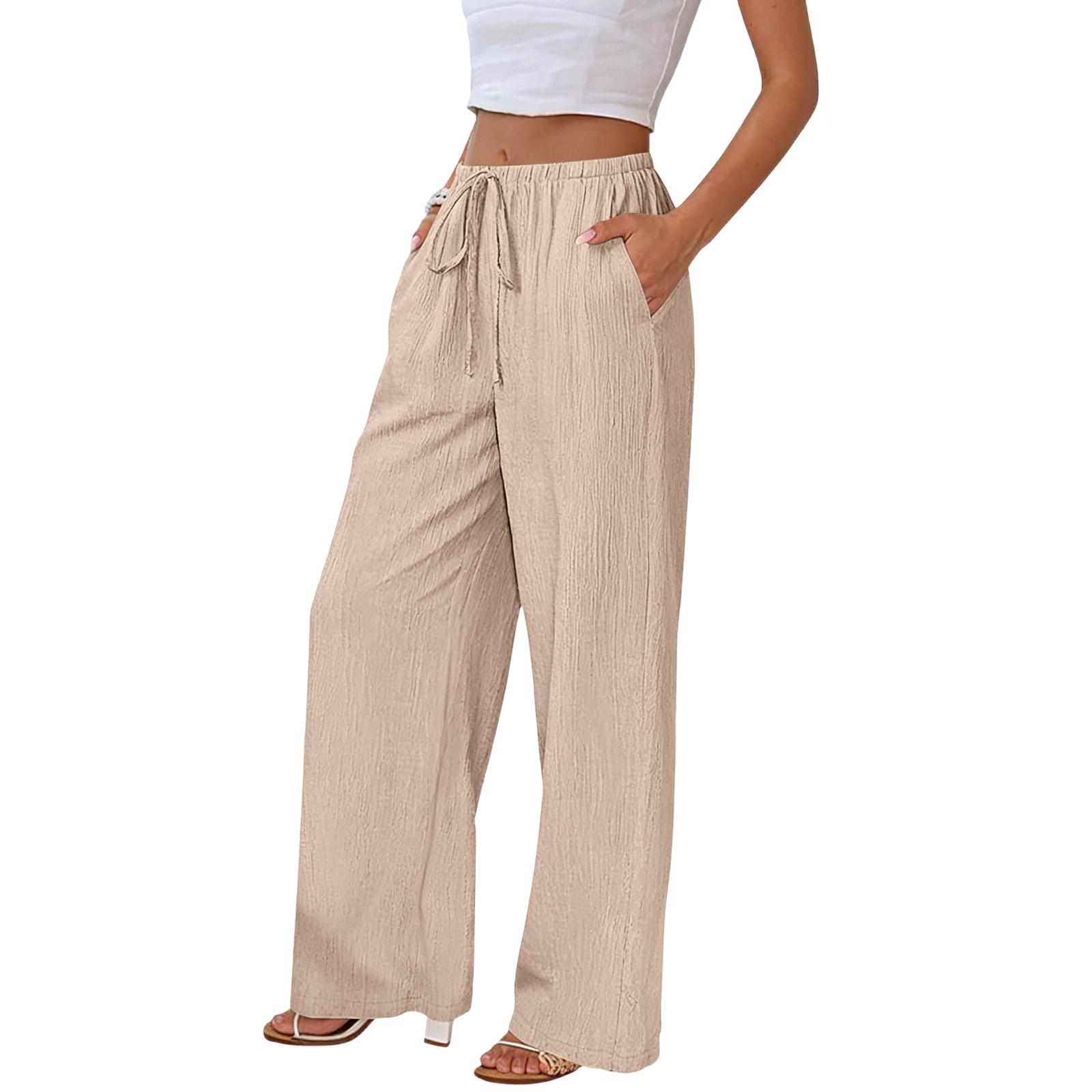 Women s Loose-fitting Wide-leg Pants, Casual Loose-fitting Pants, High-elastic Waistband, Long Pants With Pockets M бежевый