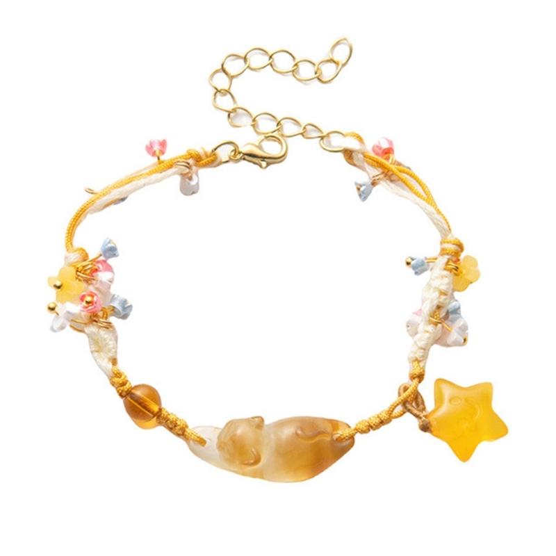 Плетеная Браслет-Звезда из Смолы, Украшенный Кошками и Цветочным Шармом, Регулируемый Браслет для Женщин и Девочек