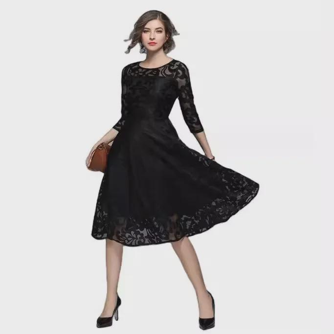 Übergröße Spitzen-Swingkleid mit Dreiviertelärmeln - Europäischer & Amerikanischer Stil, Slim Fit für Frühling und Herbst