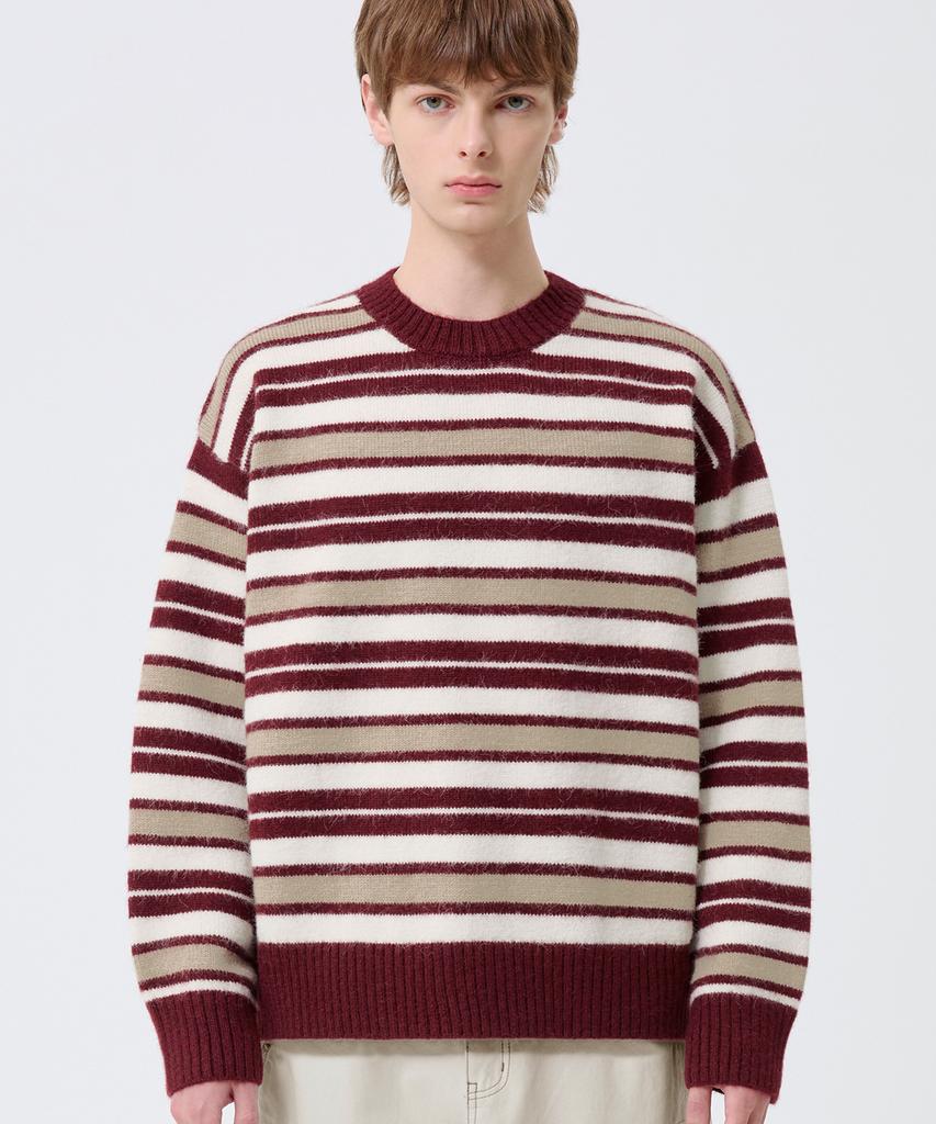 TRILLION Washable Hairy Stripe Crewneck Knit_Red
