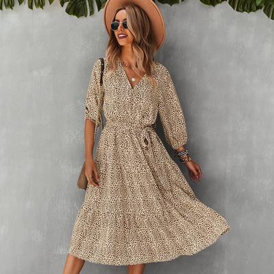 Summer Fall Leopard Print Dress Women Casual V-neck Three Quarter Sleeve Bandage Belt S-XL
