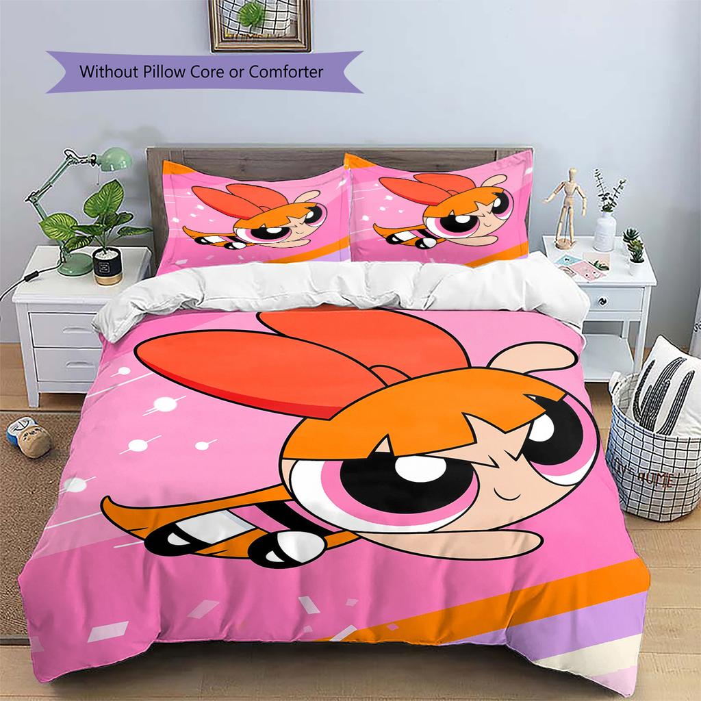 Powerpuff Girls Blossom Bubbles Buttercup Character Pattern Bedding Home Decoration Festival Gift (1 * duvet cover + 2 * pillowcase, without core)