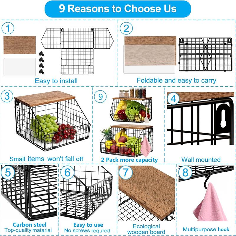 Fruit Basket Onion Storage Wire Baskets with Wood Lid Multifunctional Stackable Wall Mounted Countertop Tiered Kitchen