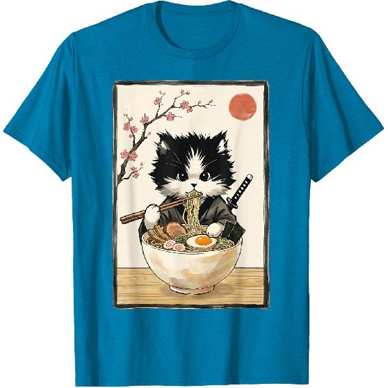 Samurai Cat Japanese Art Ramen Novelty Kawaii Funny Cat T-Shirt
