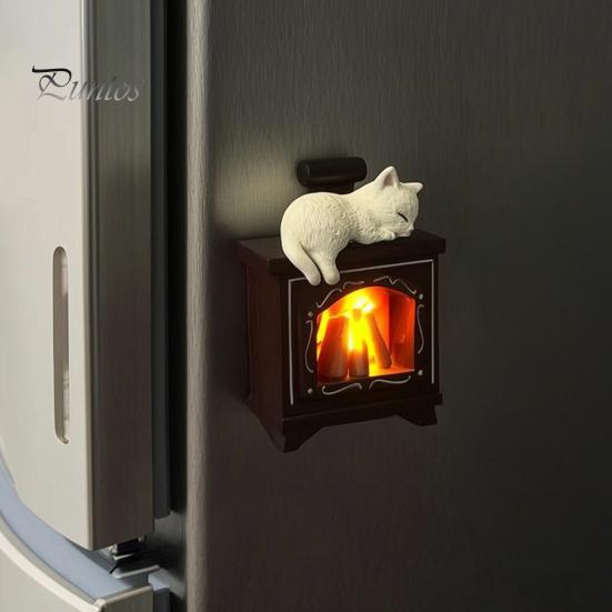 Mini Night Light Magnet Sleeping Cat Fireplace Refrigerator Magnet, LED Light-up Kitten Fridge Magnetic Decoration 3D Decorative for Home Kitchen