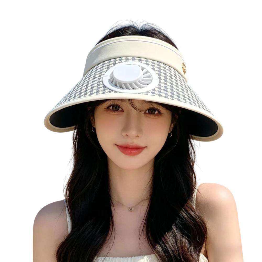 Breathable Sun Hat with Fan Wide Brim Summer Fan Visor Cap Cooling Sunshade Hat  Hiking Beige Rechargeable