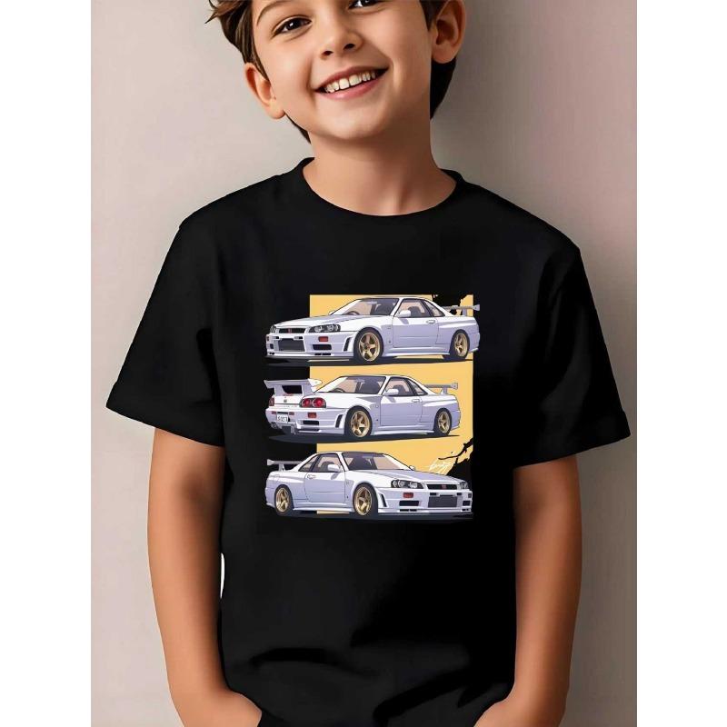 European Sizes ' Car-Themed T-Shirt with Multi-View Sports Car Prints - Speed & Racing Action Short Sleeve Shirt,