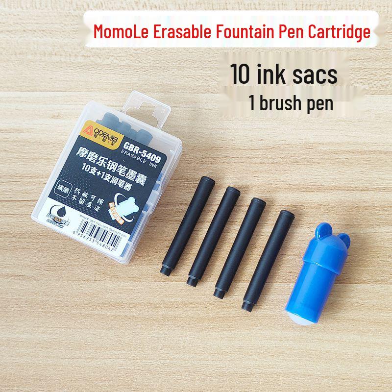 Momele Student Erasable Fountain Pen Set: Includes 10 Ink Cartridges, Pen Holder, Eraser in Crystal Blue & Carbon Black 10 Ink Cartridges + 1 Pen Cleaner