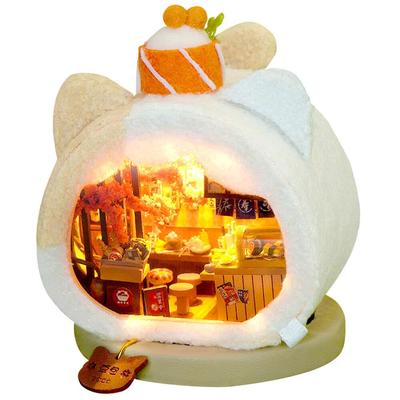 Moin Moin Dollhouse Miniature DIY Kit Set [Japanese Instructions] Nekomaru Sushi Restaurant Fluffy Animal Face House Cat Sushi Japanese Food Cherry Bl