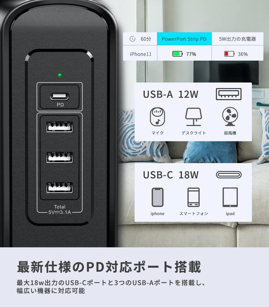 Tower-type Power Strip with Type-C, PD Function, USB Outlet, 2m Extension Cord, Surge Protection, 9 AC Outlets, 4 USB Ports, Multi-outlet, Table Tap,