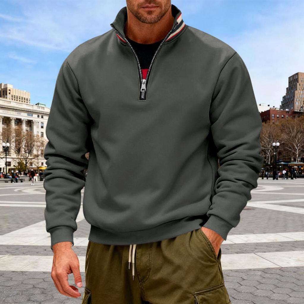 Men's Solid-color Casual Fleece Hoodie, Men's Loose Stand-up Collar Semi-zipper Casual Sport Pullover Hoodie