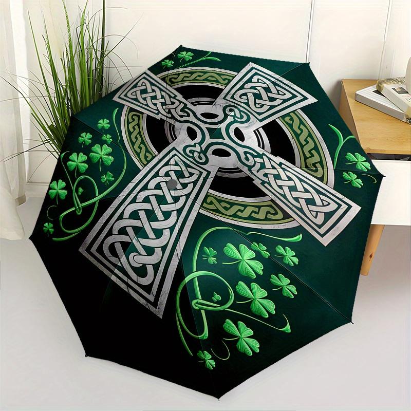 

Celtic Cross,Shamrock Automatic Folding Umbrella 8 Ribs Lightweight Design, Durable Iron Frame, Compact and Portable, Ideal Birthday or Ch