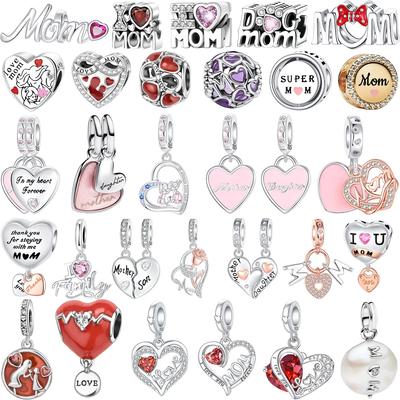 Original 925 Silver Family Charms Mom Flower Heart Beads For Necklace DIY Bracelet Present Jewellery Gift Mother's Day