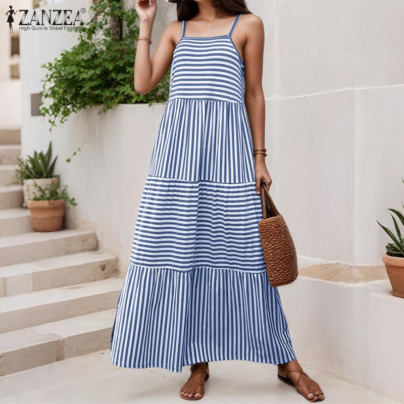 

ZANZEA Women Holiday Summer Casual Straps Sleeveless Stripe Print Slip Dress XL чёрный