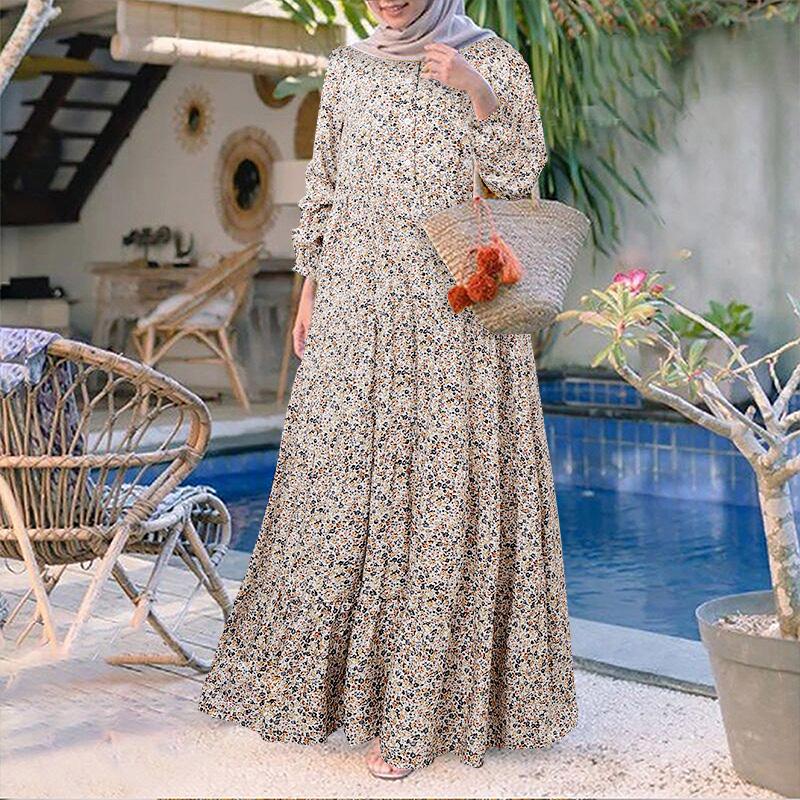 ZANZEA Damen Lässig Rundhals Locker Langarm Blumenmuster Kleid