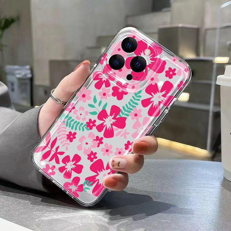 Pink Flower & Leaf Design Phone Case For iPhone 17 16 Pro Max 15 Pro 14 Plus 13 12 11 X XS XR 7 8 Plus 16E 17Air TPU Clear Cover